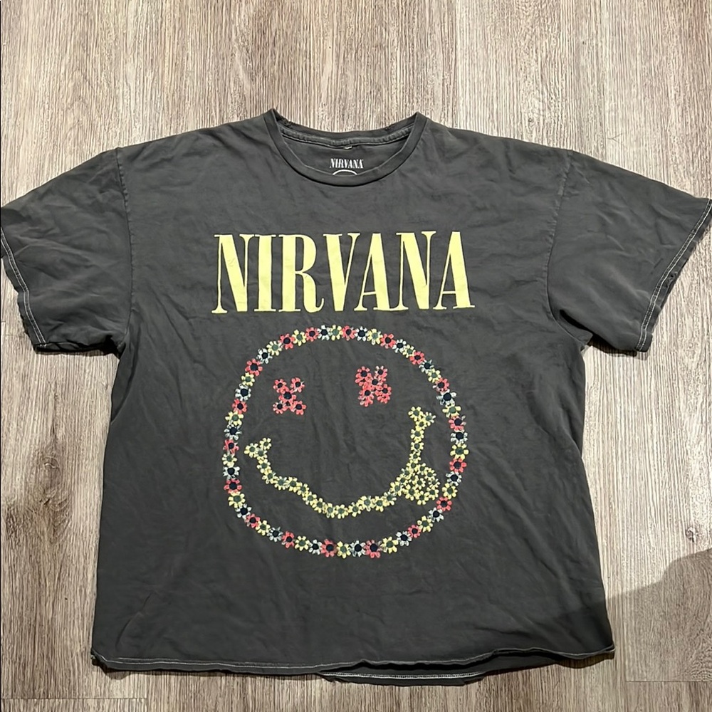 NIRVANA Charcoal Tee with Floral Smiley